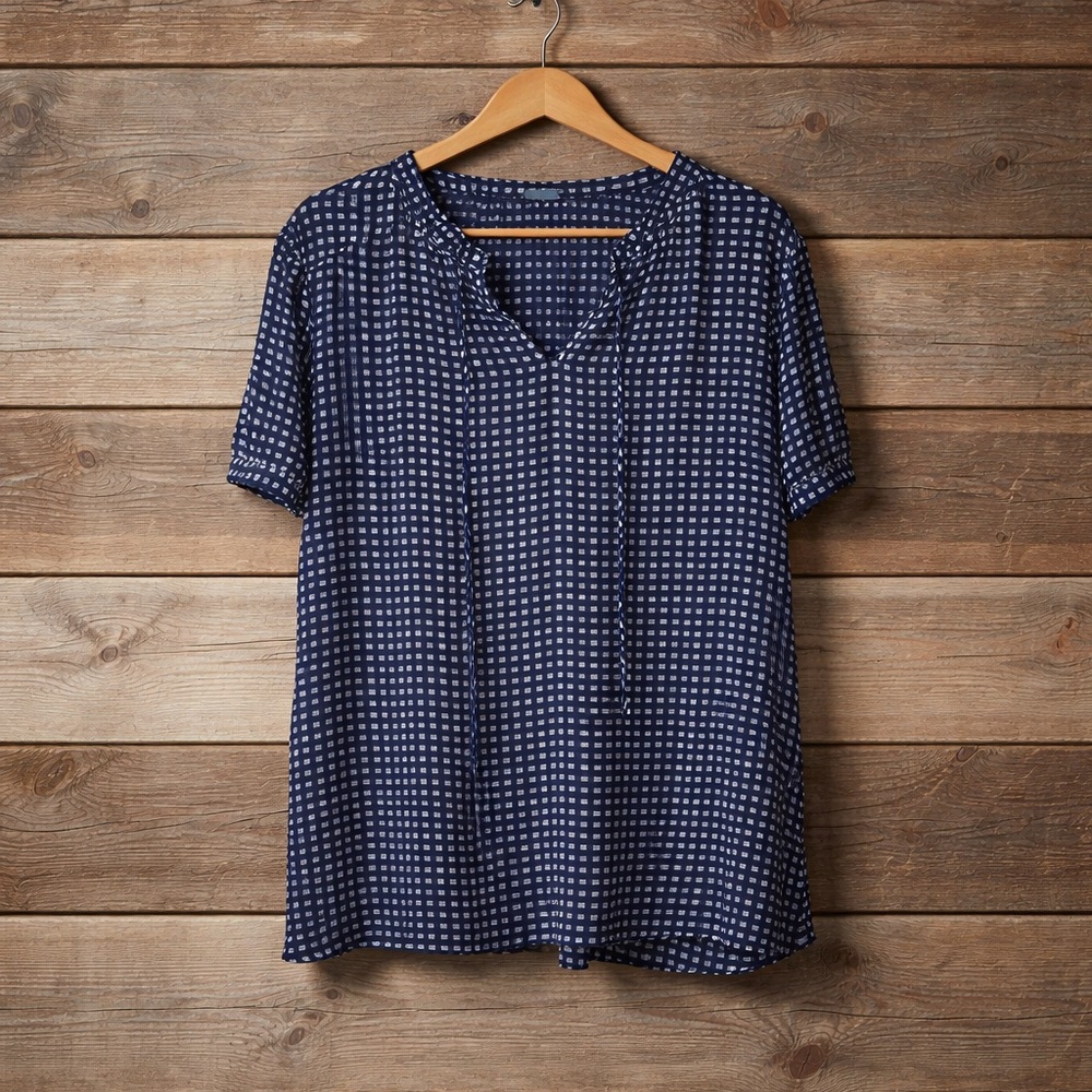 Tamara H 3X Polyester Navy and White Check Tie-Neck Blouse